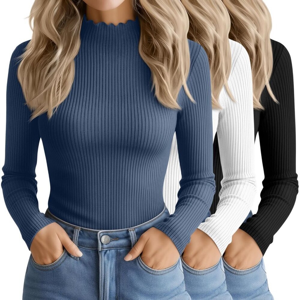 Women's Cotton Long Sleeve Mock Turtleneck Tops 3 Pack Slim Fit Basic Layering